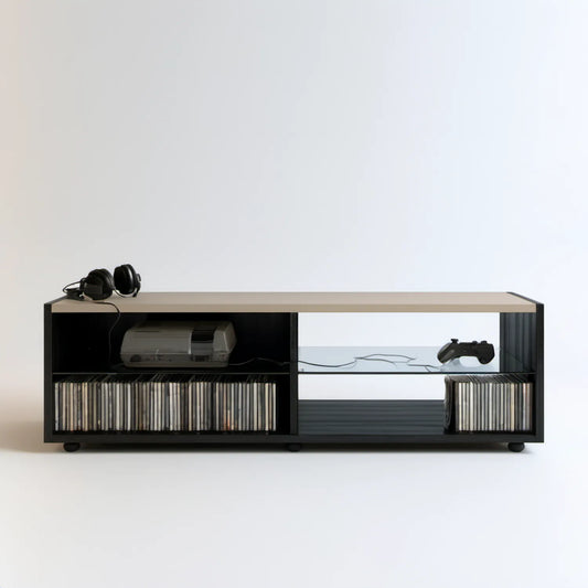 Szafka RTV czarno-beżowa 180 x 40 x 50 cm z płytą laminowaną i szkłem hartowanym
