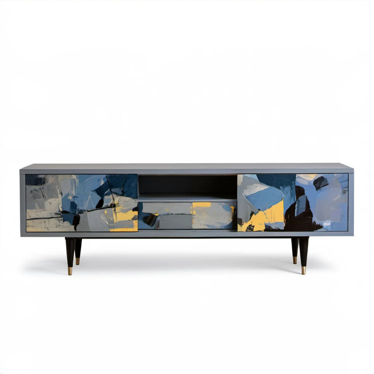 Grafitowa szafka RTV z abstrakcyjnym nadrukiem, 160 x 40 x 60 cm, MDF