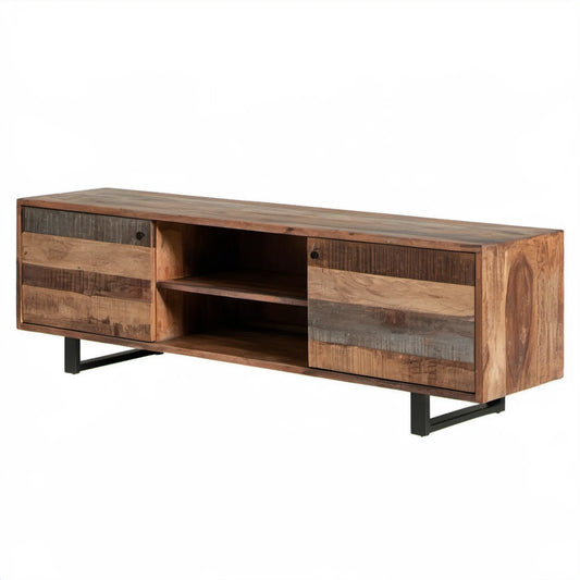 Szafka RTV brązowo-czarno-szara 140 x 40 x 50 cm z litego drewna mango i stali