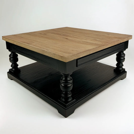 Stolik kawowy z litego drewna dębowego i MDF Naturalny Dąb/Czarny 100 x 100 x 45 cm