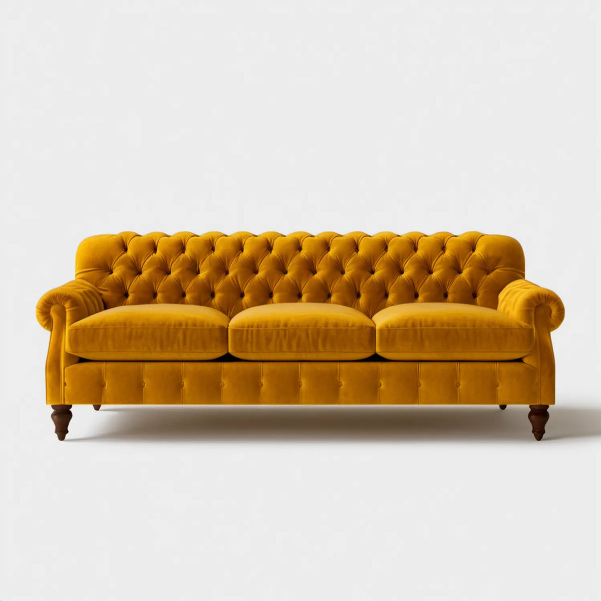 Musztardowa sofa trzyosobowa Chesterfield z pikowanym oparciem, aksamit poliestrowy, 230 × 95 × 85 cm