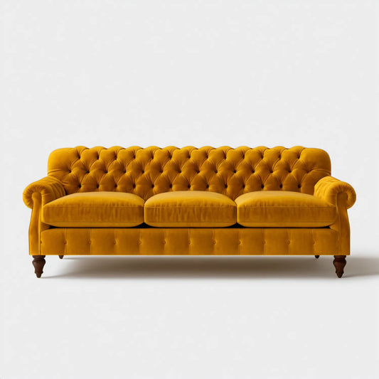 Musztardowa sofa trzyosobowa Chesterfield z pikowanym oparciem, aksamit poliestrowy, 230 × 95 × 85 cm