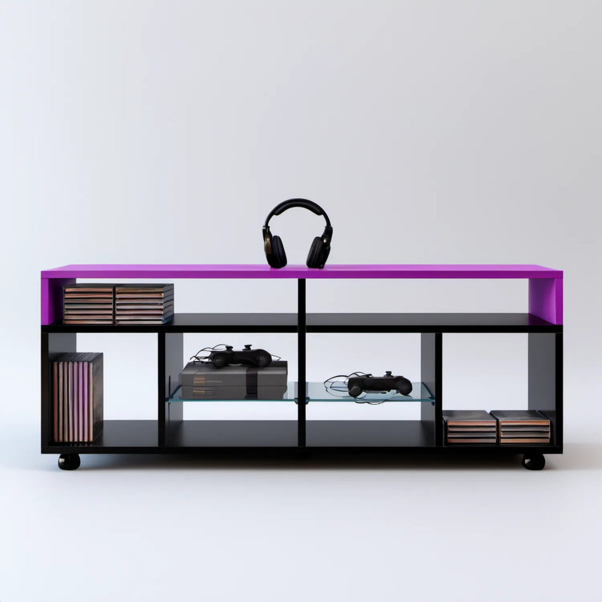 Szafka RTV czarno-fioletowa na kółkach z półkami szklanymi 160 x 40 x 80 cm MDF