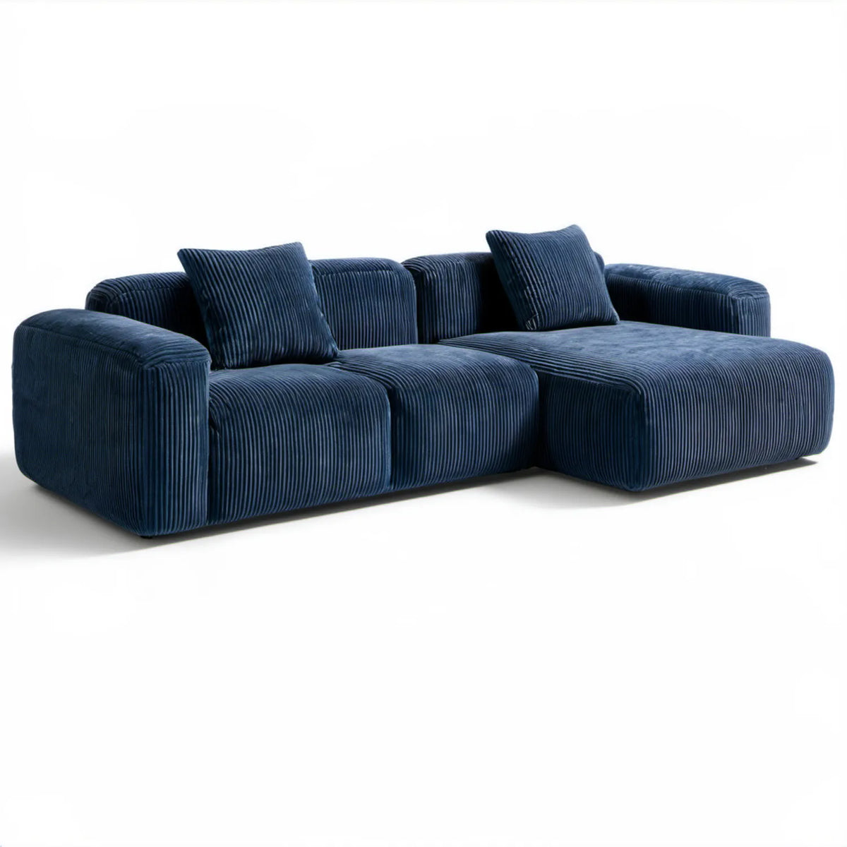 Granatowa sofa narożna prawostronna z szezlongiem, sztruksowa, 280 x 170 x 72 cm