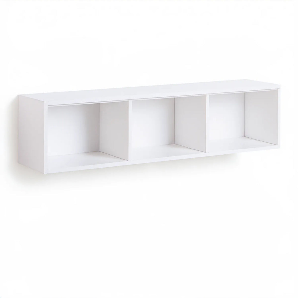Biała wisząca szafka RTV z 3 otwartymi wnękami, 120 × 30 × 35 cm