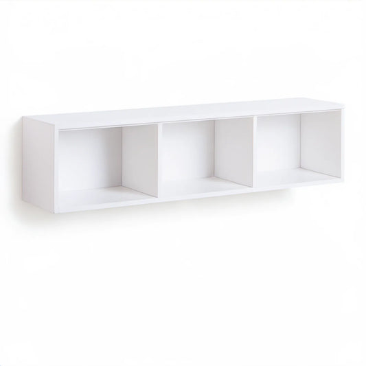 Biała wisząca szafka RTV z 3 otwartymi wnękami, 120 × 30 × 35 cm