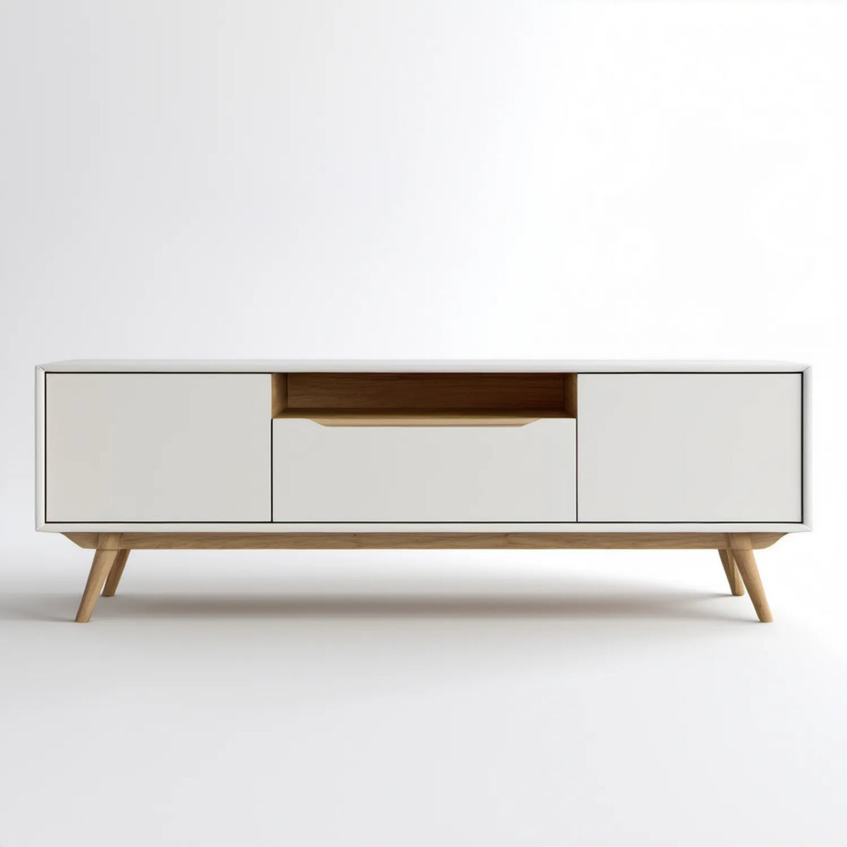 Biała szafka RTV 180 x 40 x 55 cm z MDF i fornirem dębowym