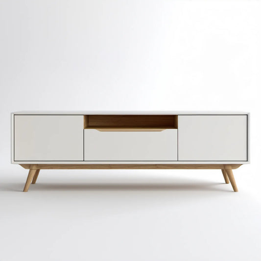 Biała szafka RTV 180 x 40 x 55 cm z MDF i fornirem dębowym