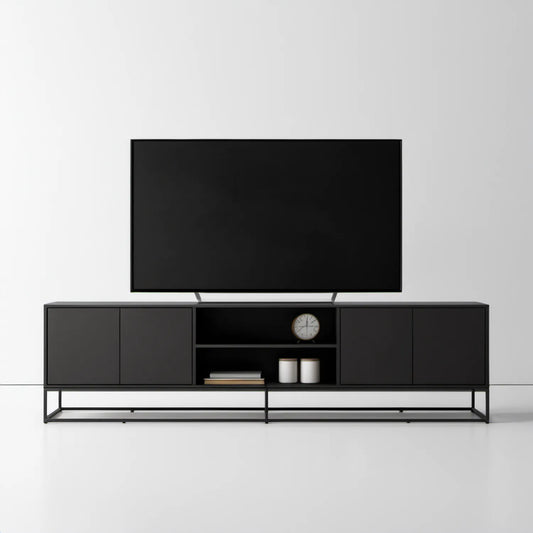 Czarna szafka RTV z 4 drzwiami i 2 otwartymi półkami, 200 × 40 × 55 cm