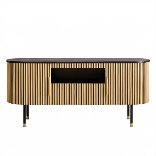 Owalna szafka RTV czarno-złota 160 x 40 x 75 cm z płyty MDF
